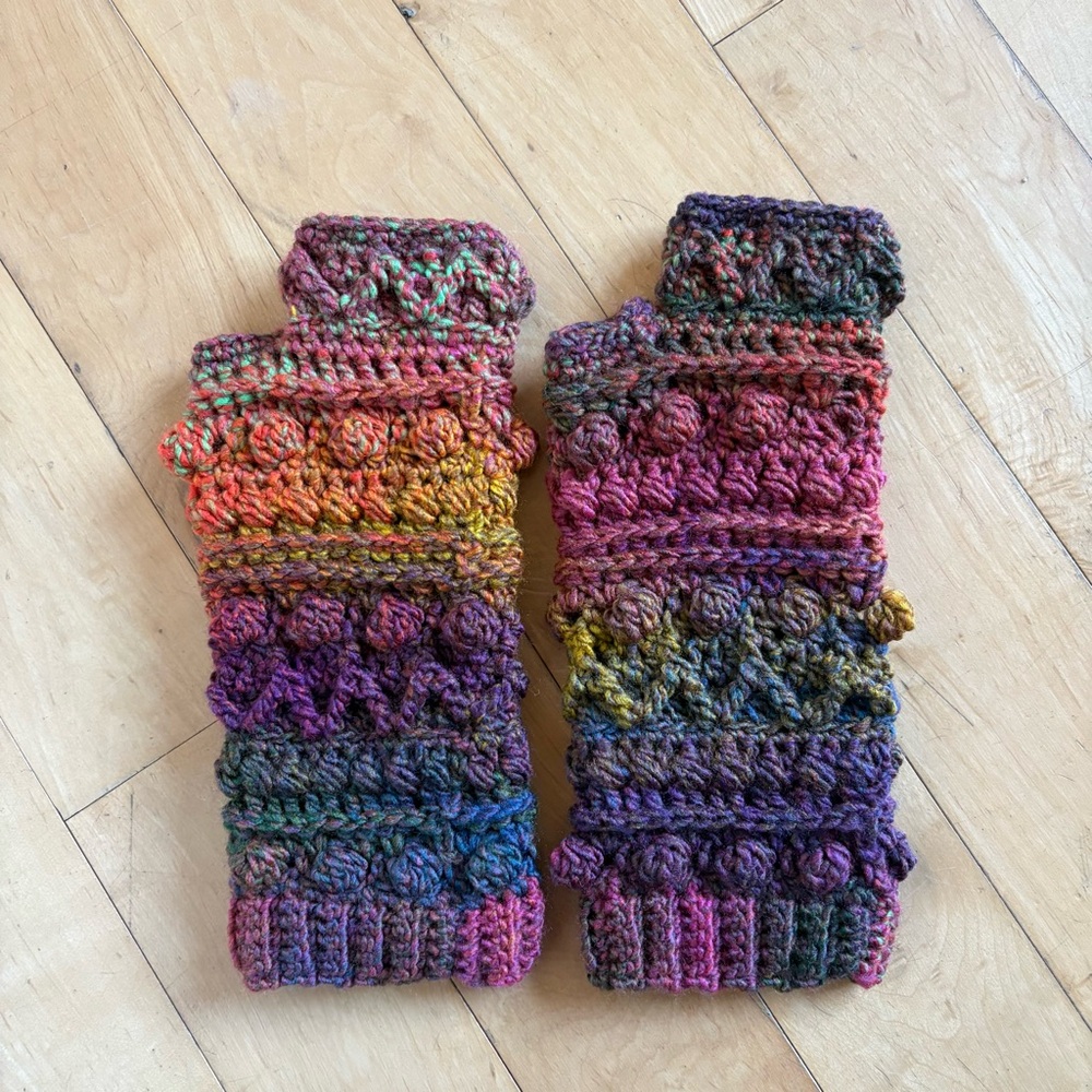 Handmade Crochet Fable Fingerless Gloves Blue Purple Green Yellow Orange OSFM - Picture 3 of 4